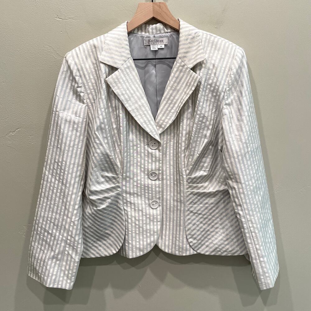 Kay Unger Women’s Striped Silk Blazer in White Grey - Plus Size: 14